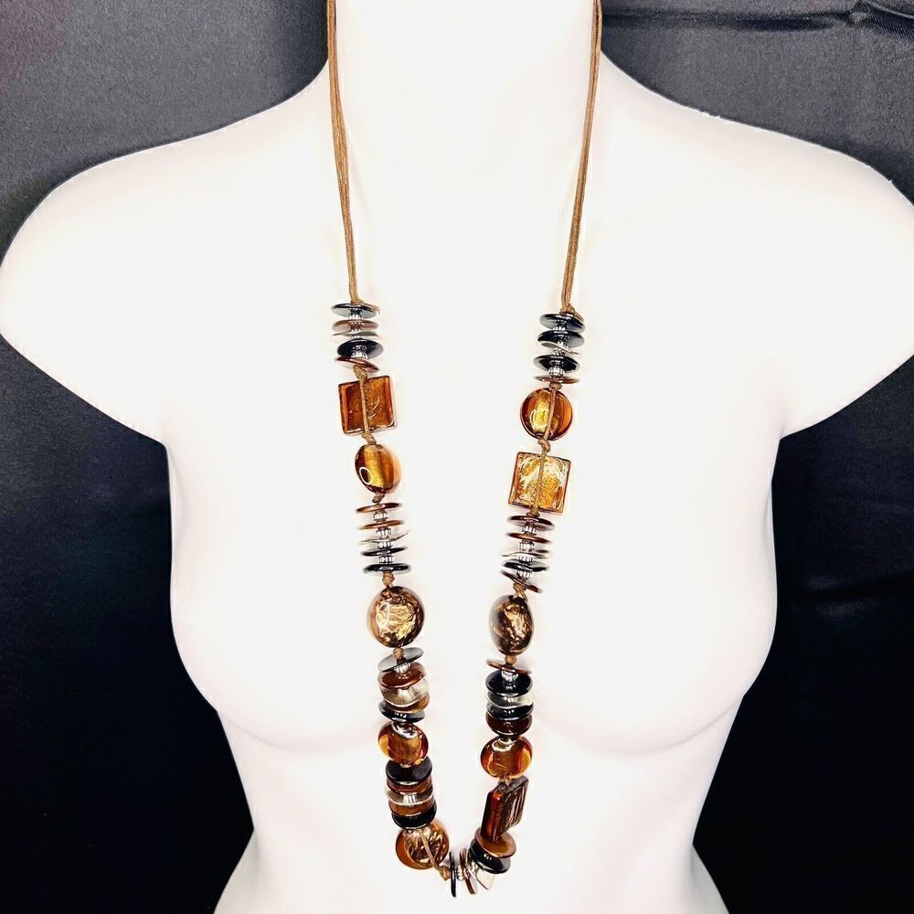 Vintage Chunky Necklace Glass Lucite Cord Beaded Statement Beads Earth Tone 4363